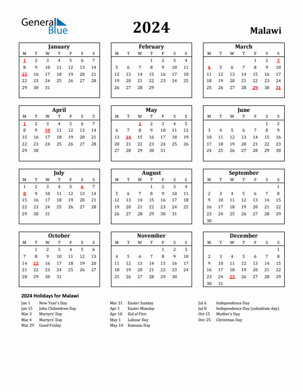 2024 Malawi Holiday Calendar - Monday Start