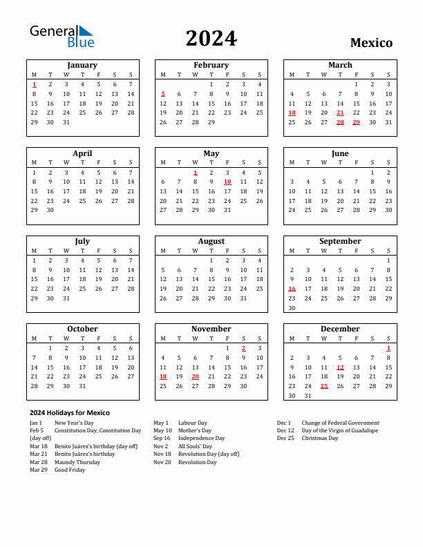2024 Mexico Holiday Calendar - Monday Start