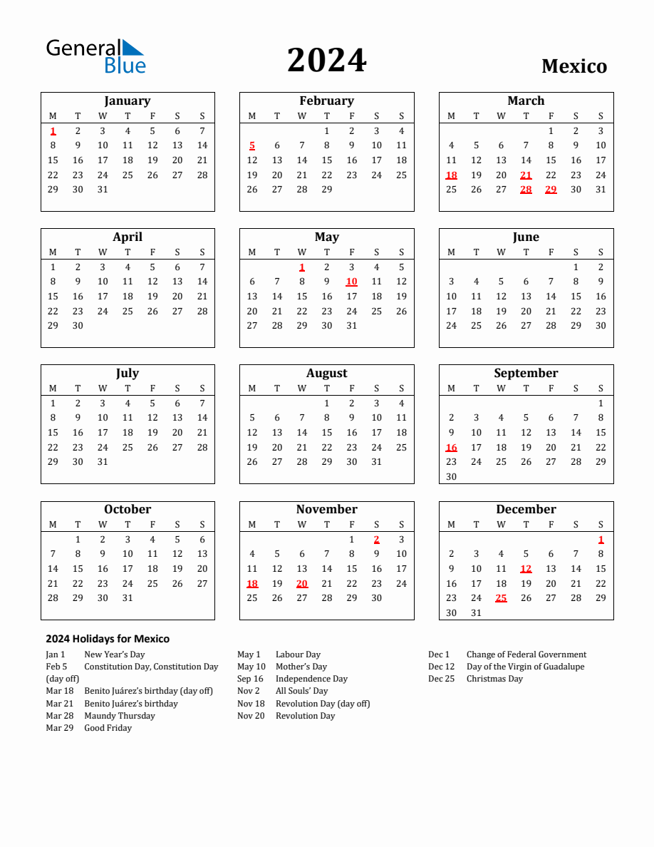 Free Printable 2024 Mexico Holiday Calendar