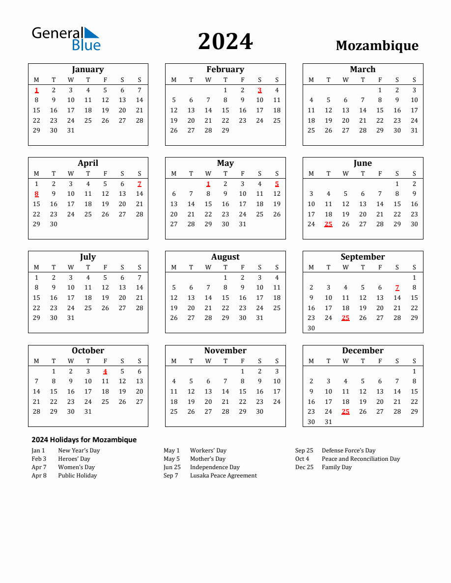 Free Printable 2024 Mozambique Holiday Calendar