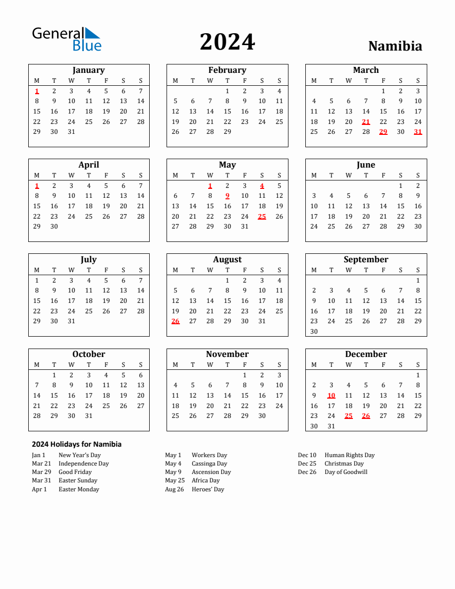 Free Printable 2024 Namibia Holiday Calendar