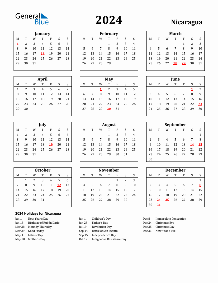 Free Printable 2024 Nicaragua Holiday Calendar