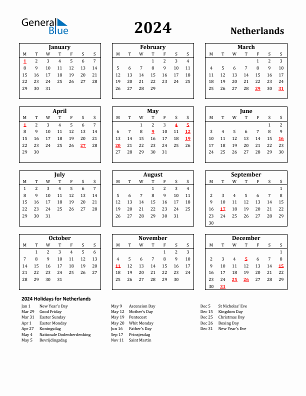 2024 The Netherlands Holiday Calendar - Monday Start
