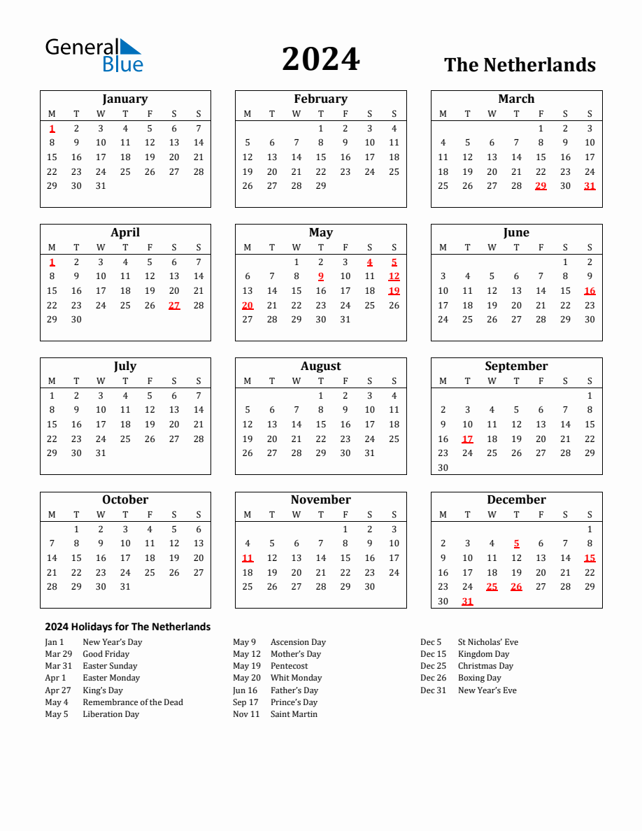 Free Printable 2024 The Netherlands Holiday Calendar