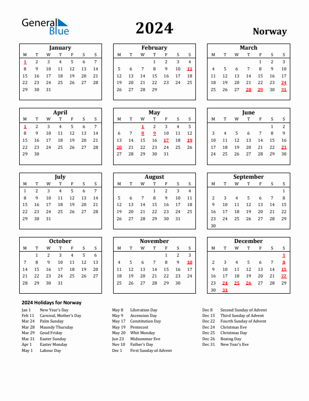 2024 Norway Holiday Calendar - Monday Start