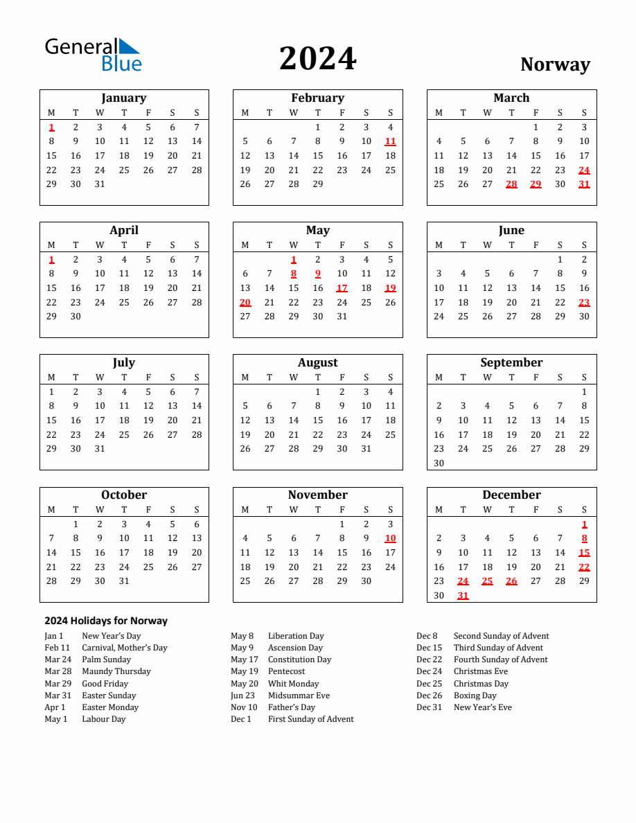 Free Printable 2024 Norway Holiday Calendar