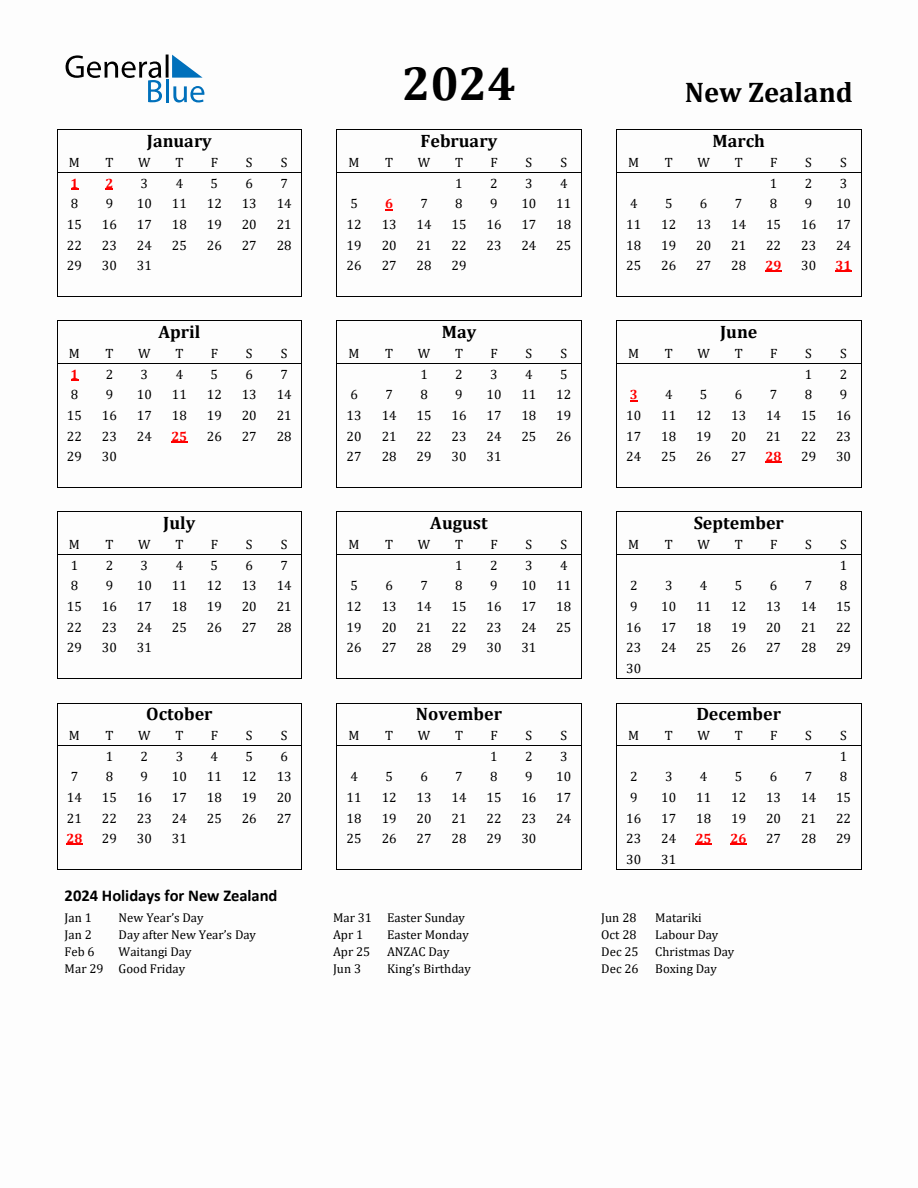 Free Printable 2024 New Zealand Holiday Calendar