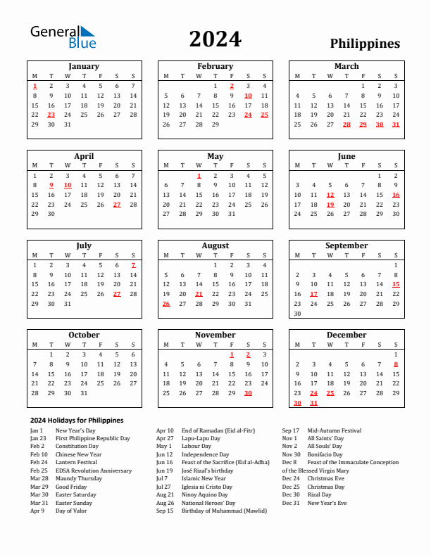 2024 Philippines Holiday Calendar - Monday Start