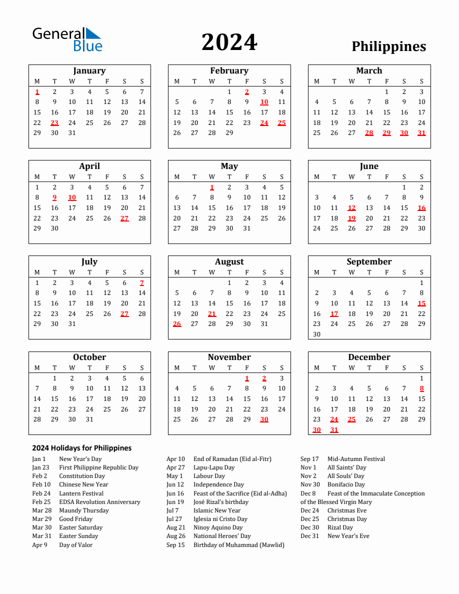 Free Printable 2024 Philippines Holiday Calendar