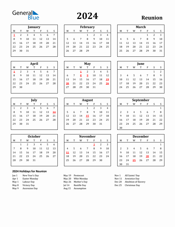 2024 Reunion Holiday Calendar - Monday Start