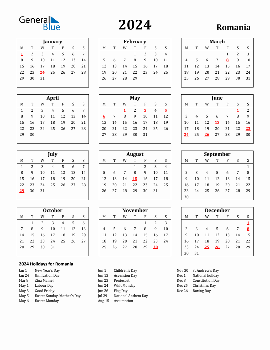 Free Printable 2024 Romania Holiday Calendar