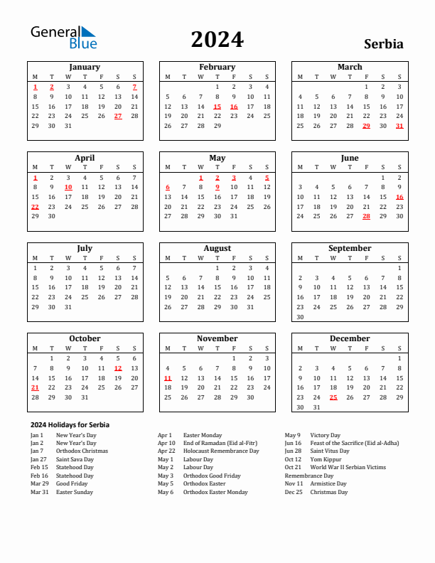 2024 Serbia Holiday Calendar - Monday Start