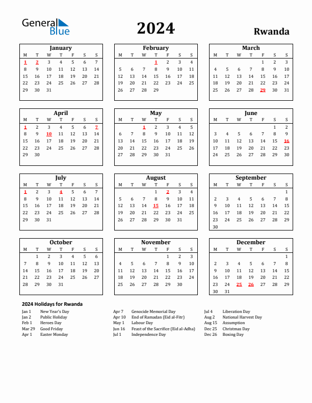 2024 Rwanda Holiday Calendar - Monday Start