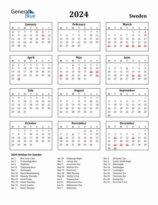 2024 Sweden Holiday Calendar - Monday Start