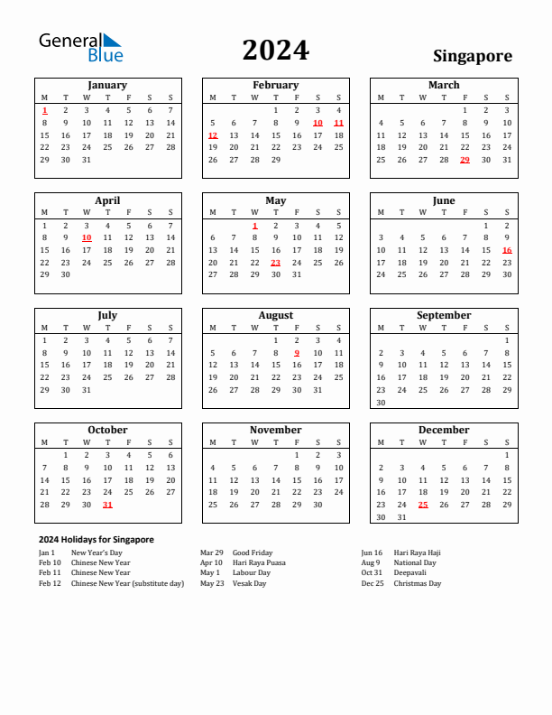 2024 Singapore Holiday Calendar - Monday Start
