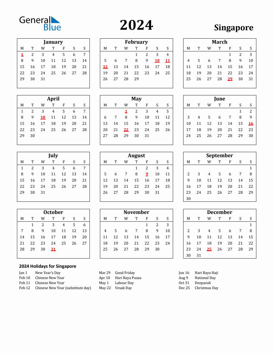 Free Printable 2024 Singapore Holiday Calendar