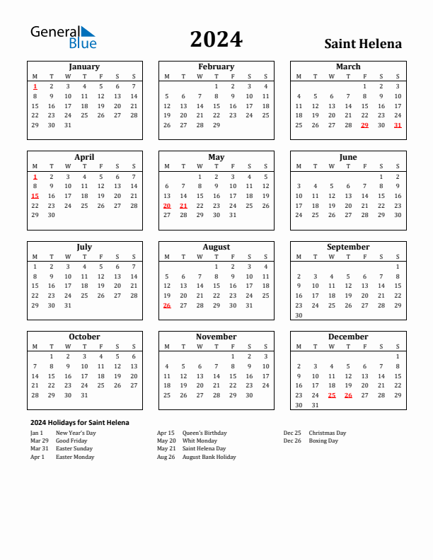 2024 Saint Helena Holiday Calendar - Monday Start