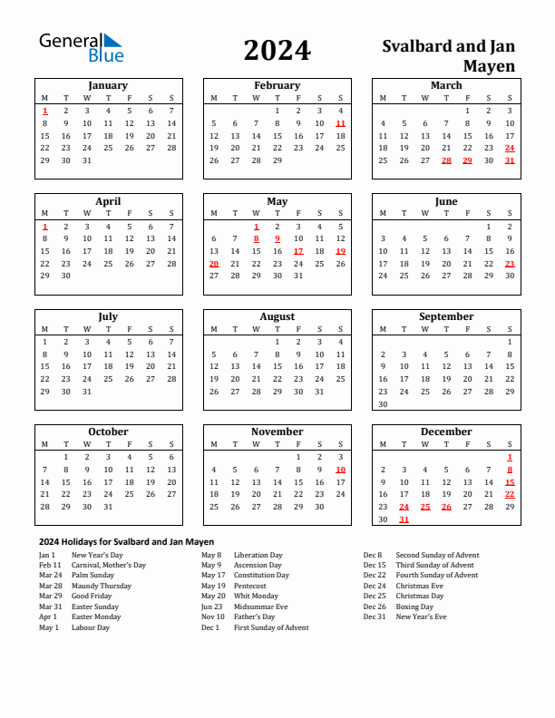 2024 Svalbard and Jan Mayen Holiday Calendar - Monday Start