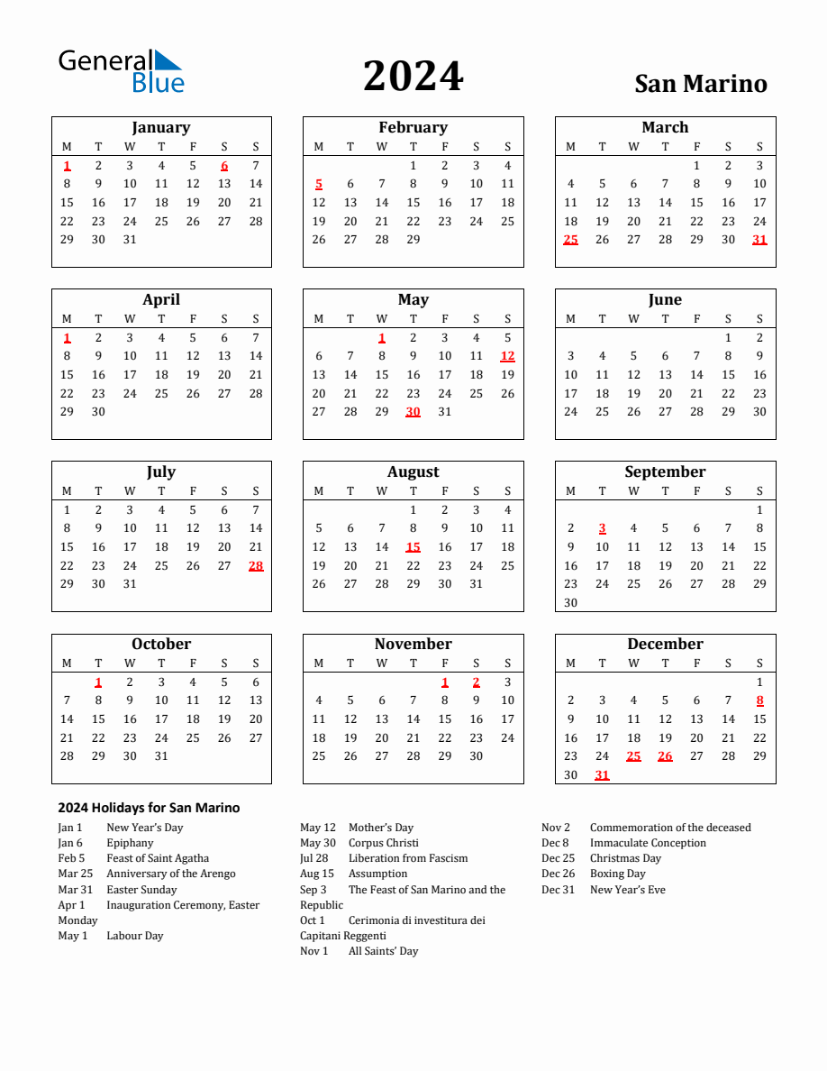 Free Printable 2024 San Marino Holiday Calendar