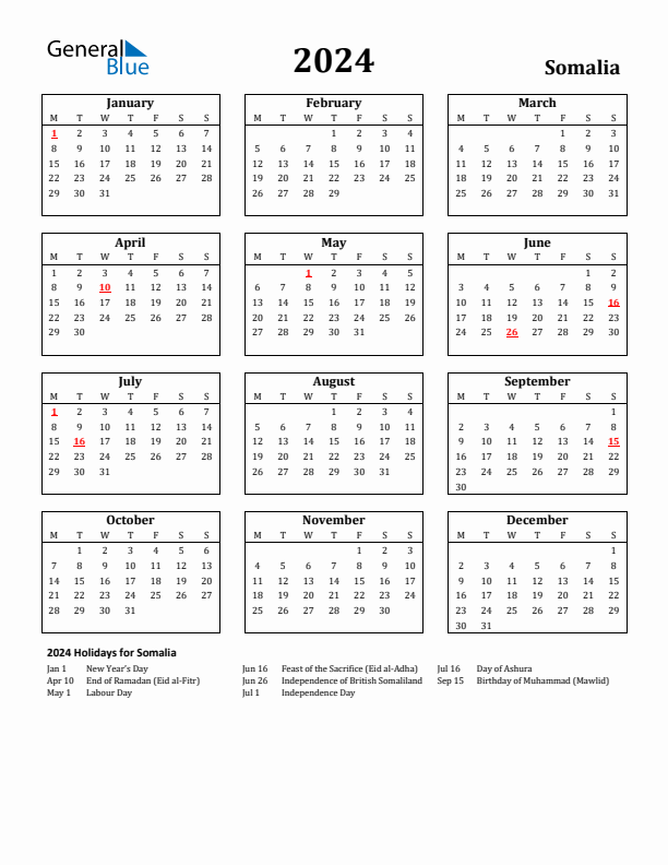2024 Somalia Holiday Calendar - Monday Start