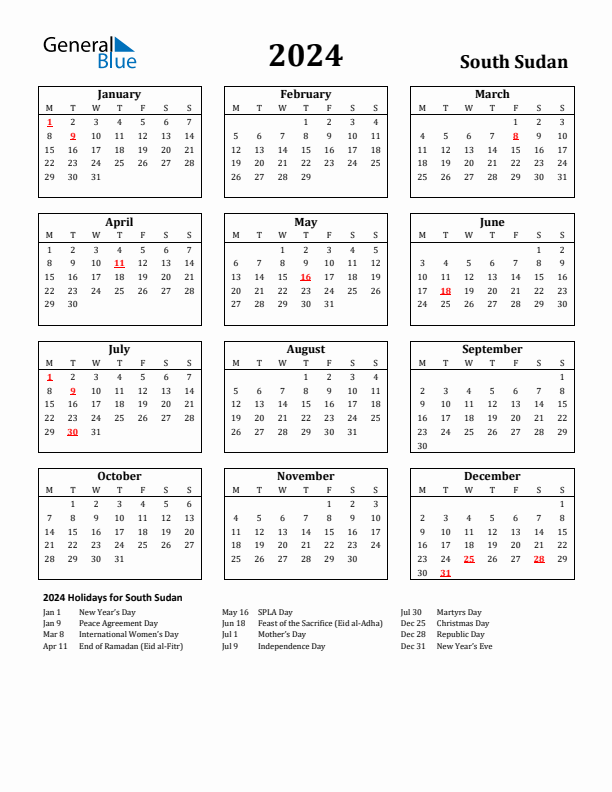 2024 South Sudan Holiday Calendar - Monday Start