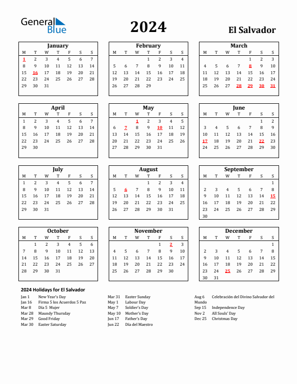 2024 El Salvador Holiday Calendar - Monday Start