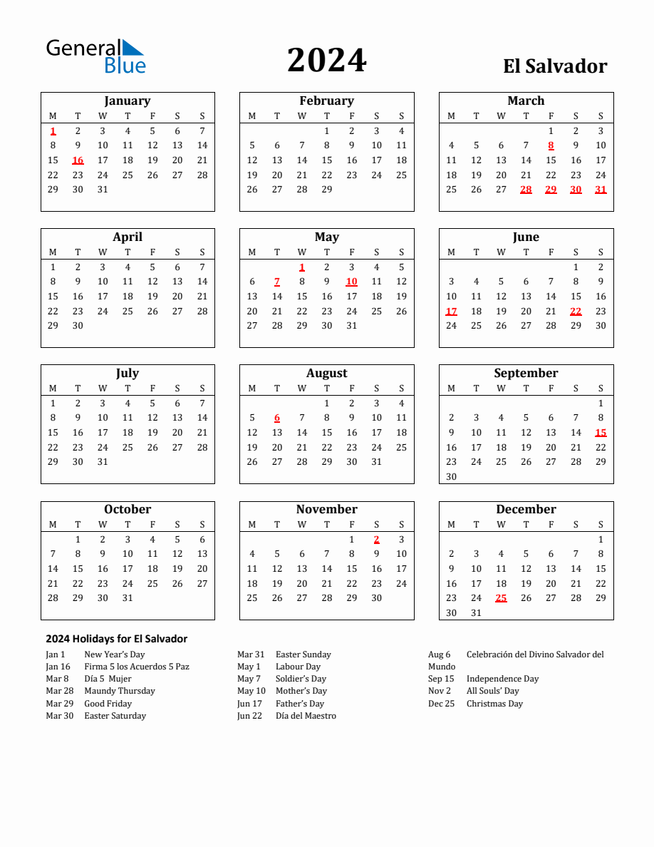 Free Printable 2024 El Salvador Holiday Calendar