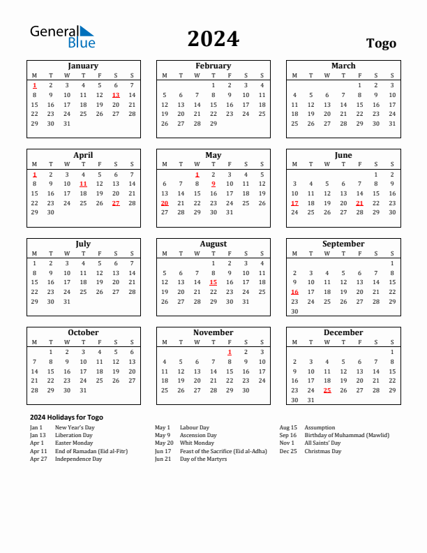 2024 Togo Holiday Calendar - Monday Start