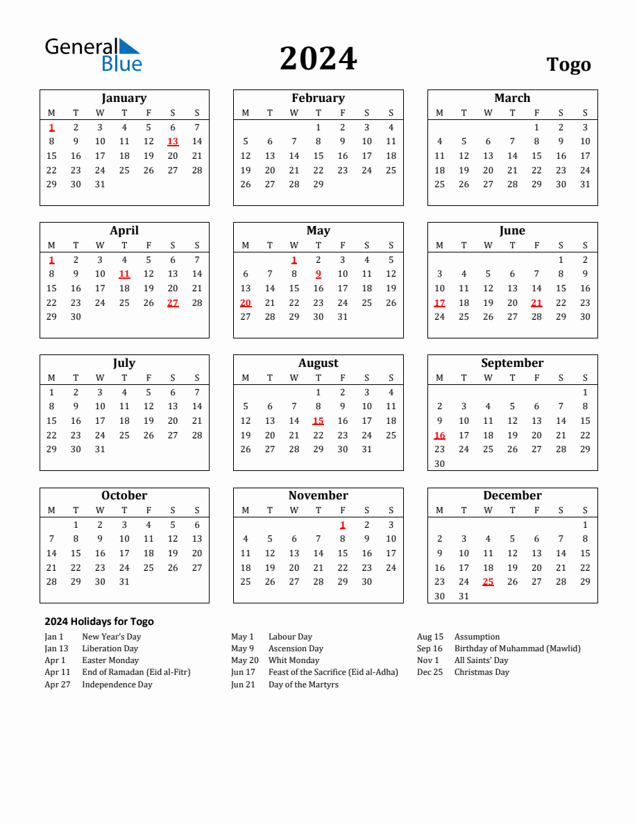 Free Printable 2024 Togo Holiday Calendar