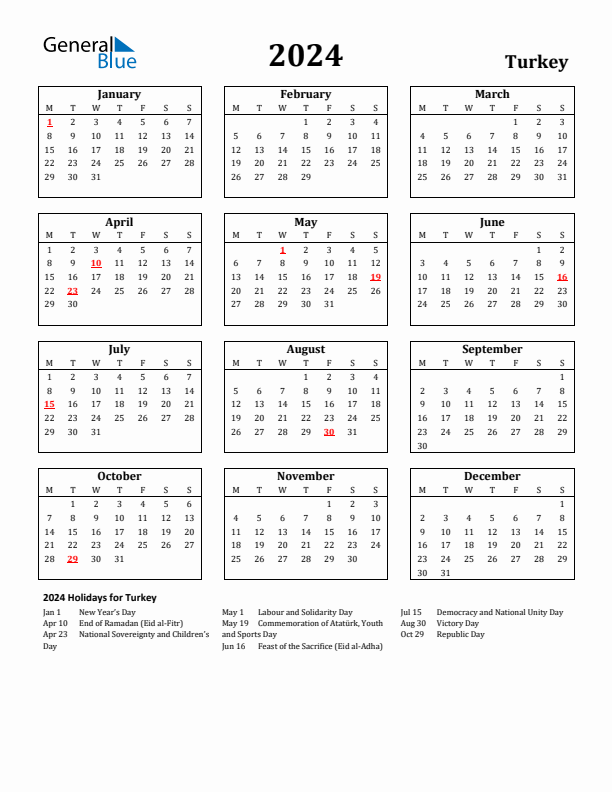 2024 Turkey Holiday Calendar - Monday Start