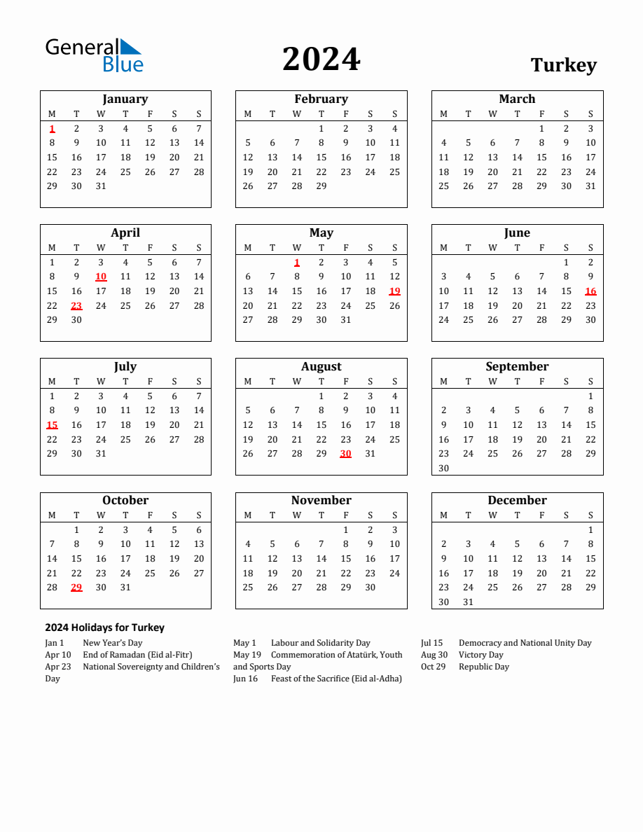 Free Printable 2024 Turkey Holiday Calendar