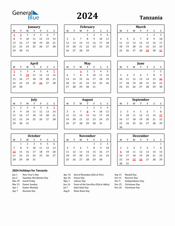 2024 Tanzania Holiday Calendar - Monday Start
