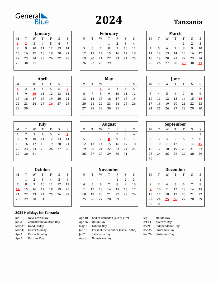 Free Printable 2024 Tanzania Holiday Calendar