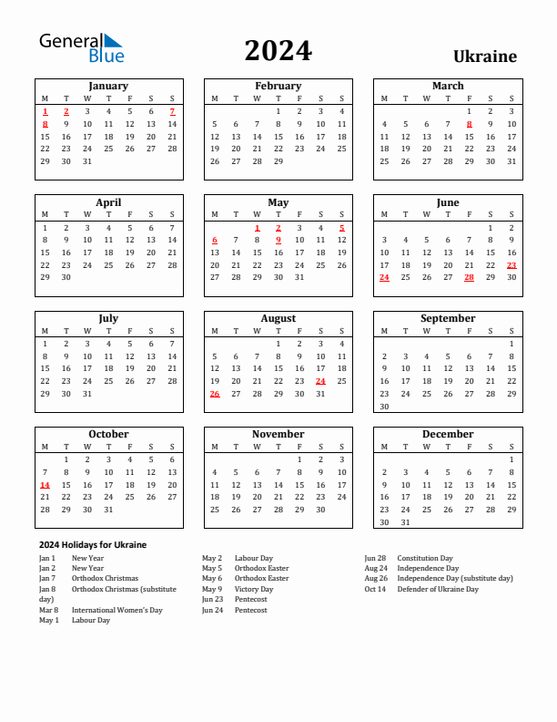 2024 Ukraine Holiday Calendar - Monday Start