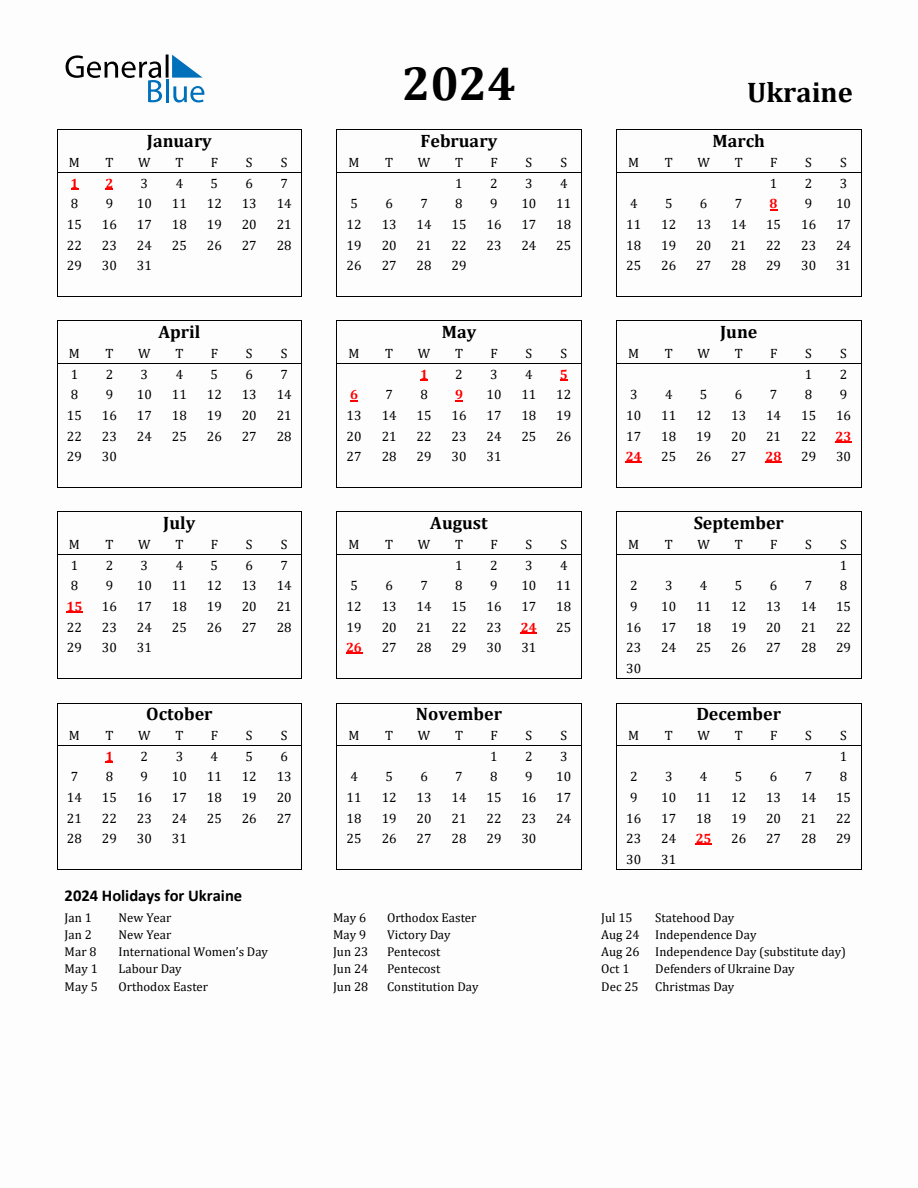 Free Printable 2025 Ukraine Holiday Calendar