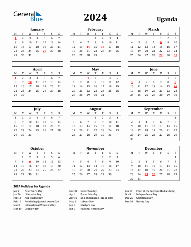 2024 Uganda Holiday Calendar - Monday Start
