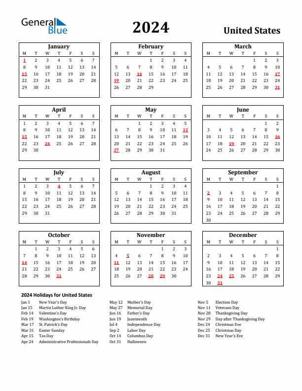 2024 United States Holiday Calendar - Monday Start