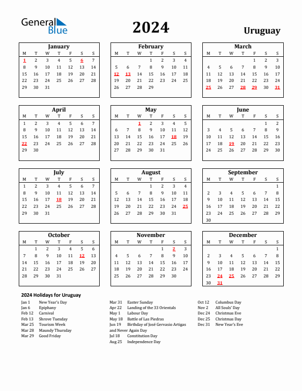 2024 Uruguay Calendar with Holidays