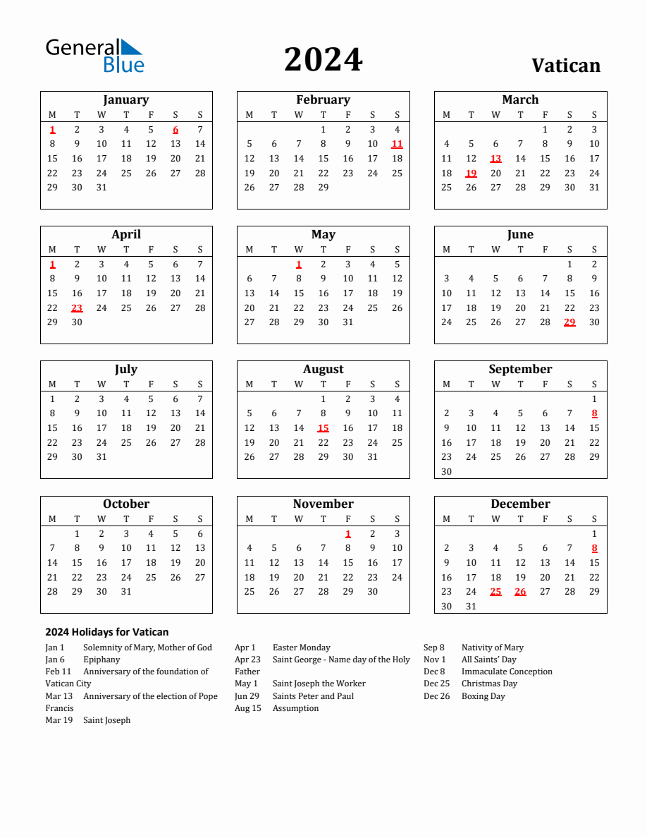 Free Printable 2024 Vatican Holiday Calendar