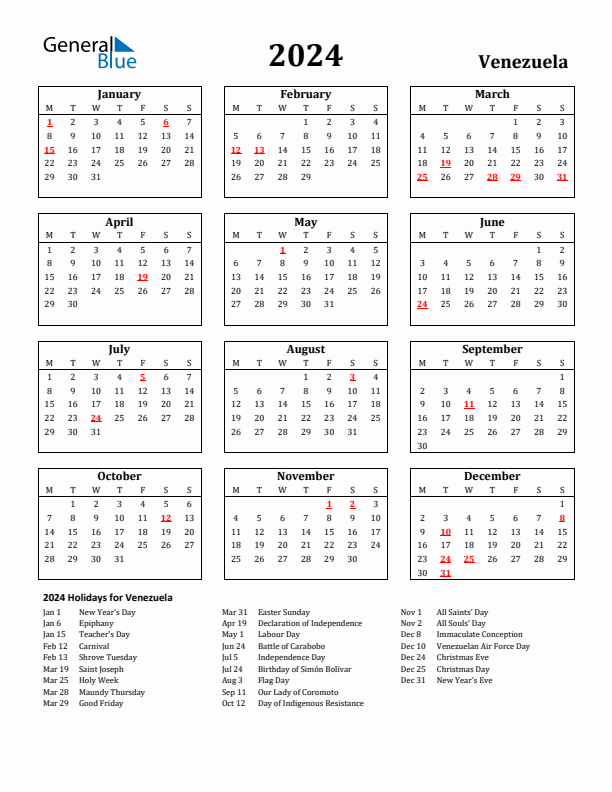 2024 Venezuela Holiday Calendar - Monday Start