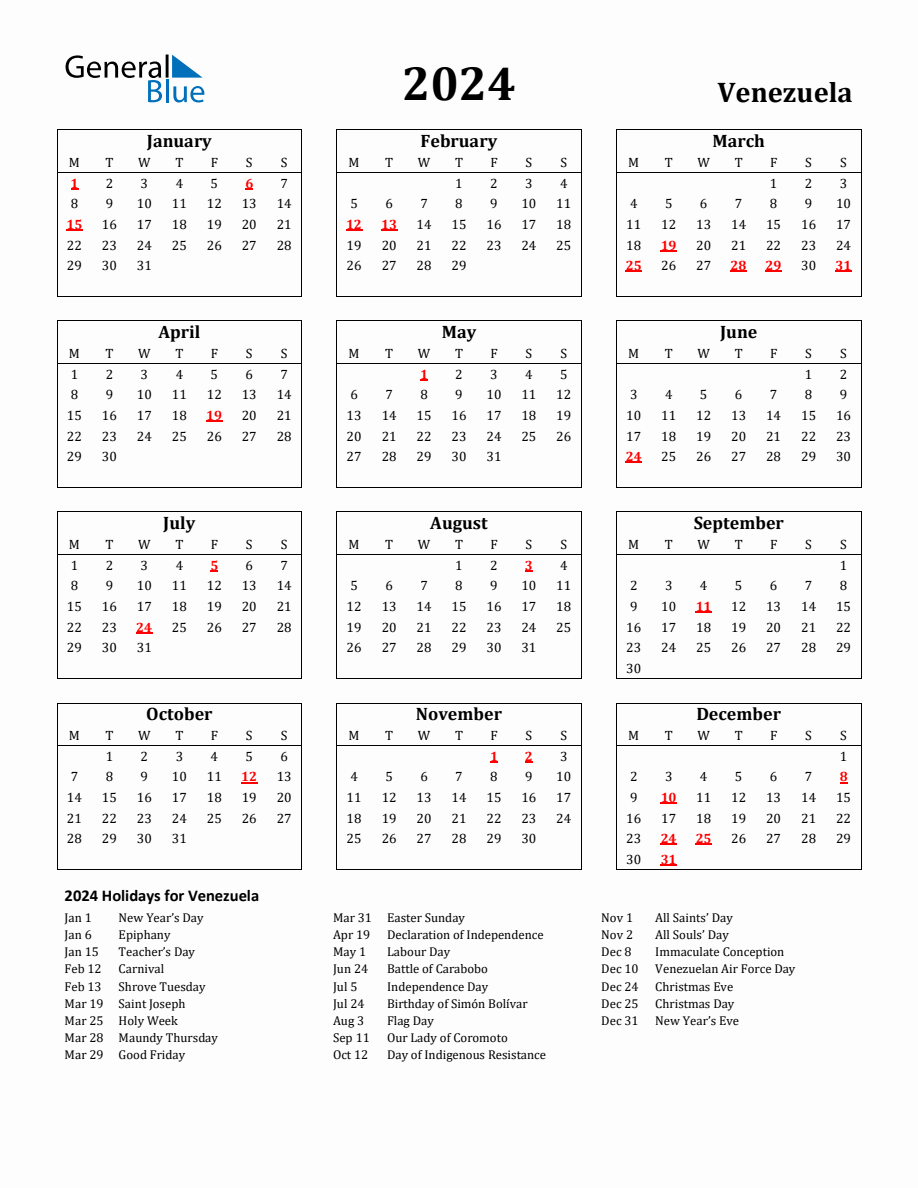 Free Printable 2024 Venezuela Holiday Calendar
