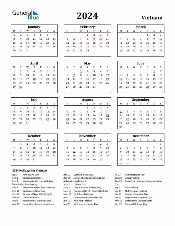 2024 Vietnam Holiday Calendar - Monday Start