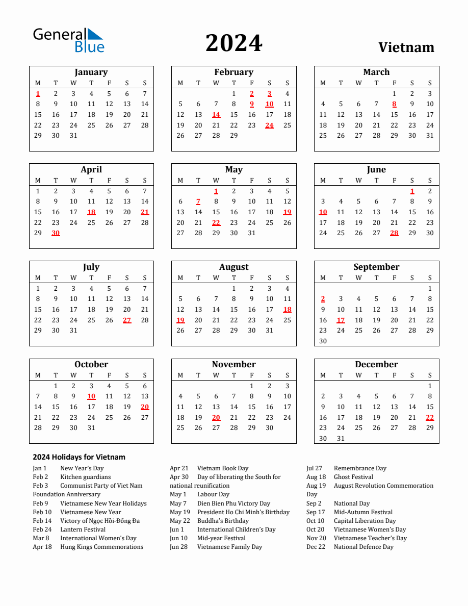 Free Printable 2024 Vietnam Holiday Calendar