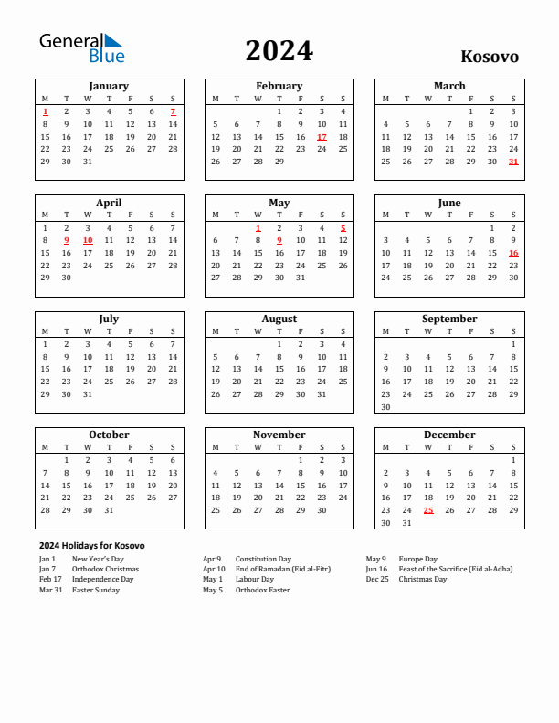 2024 Kosovo Holiday Calendar - Monday Start