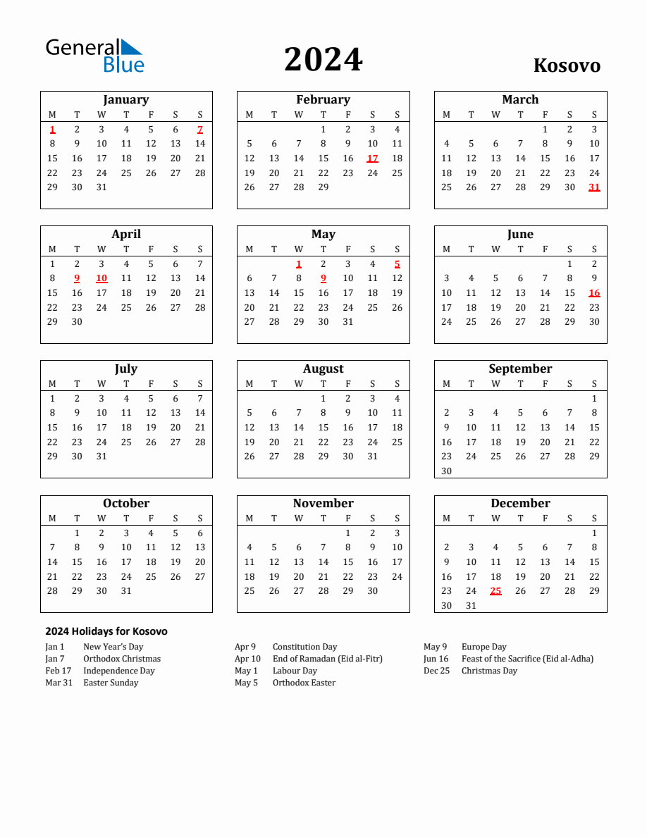 Free Printable 2024 Kosovo Holiday Calendar