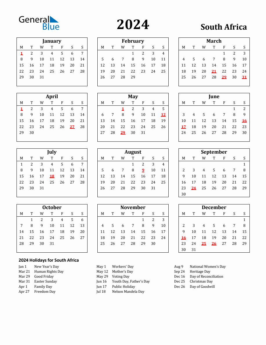 Free Printable 2024 South Africa Holiday Calendar