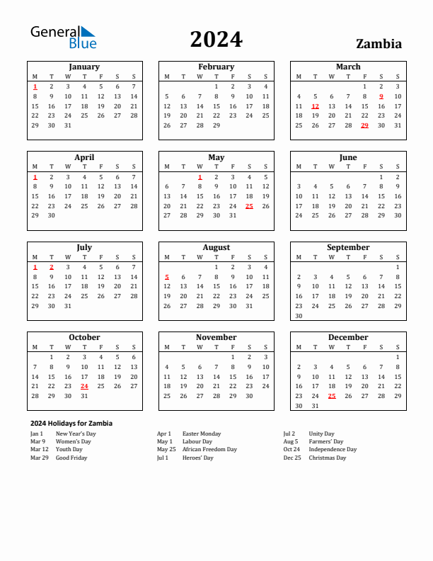 2024 Zambia Holiday Calendar - Monday Start