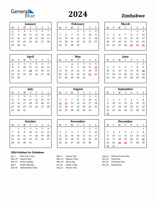 2024 Zimbabwe Holiday Calendar - Monday Start
