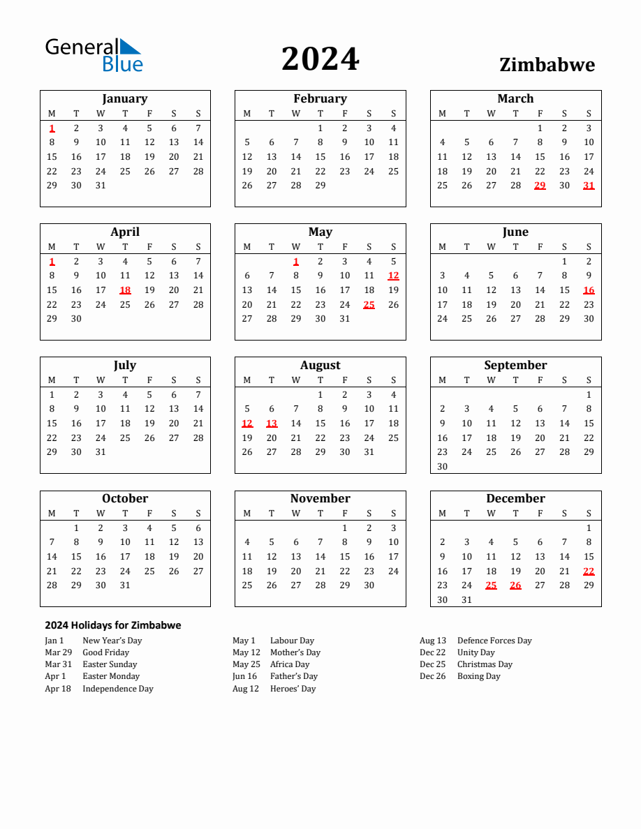 Free Printable 2024 Zimbabwe Holiday Calendar