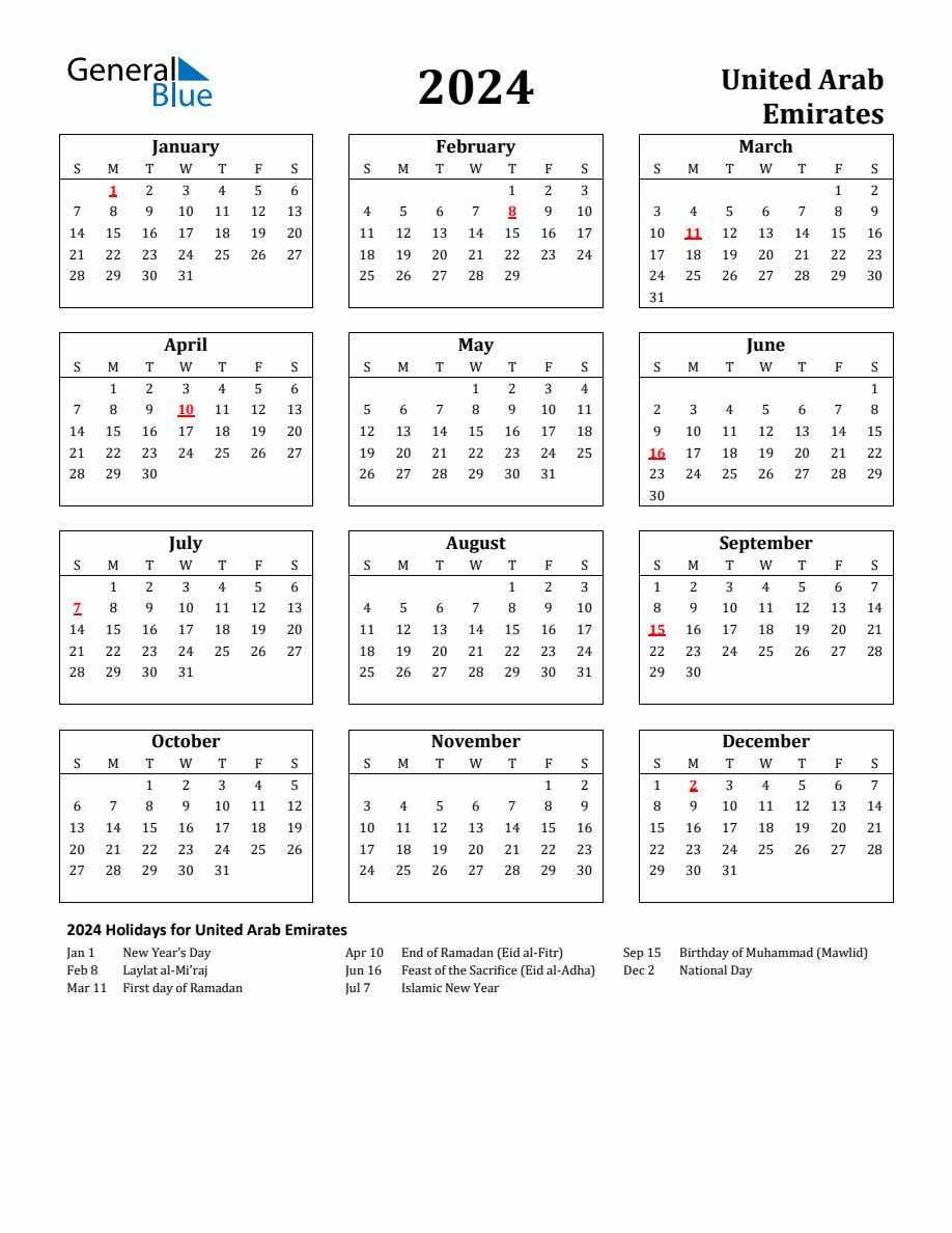 Free Printable 2024 United Arab Emirates Holiday Calendar